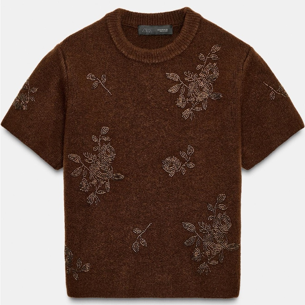 Zara Brown Knit Top with Floral Details Short Sleeve Knit Beaded NWT CHIC
